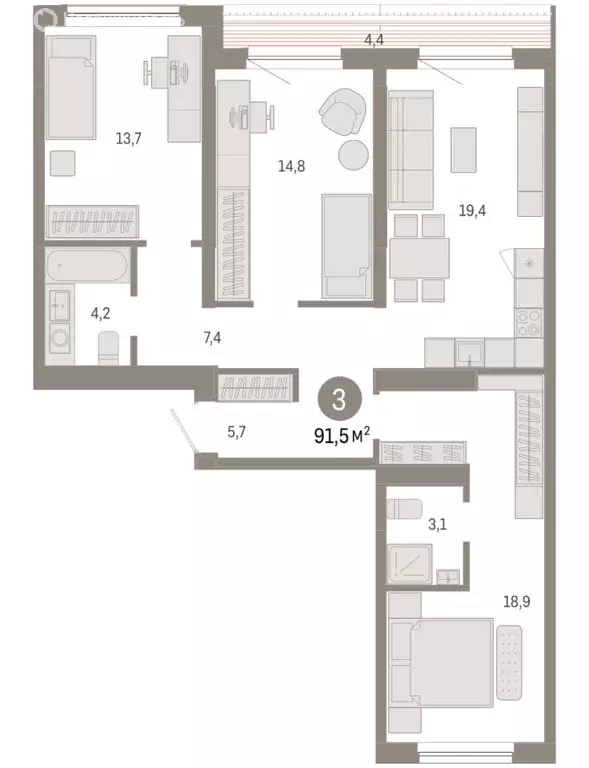 3-комнатная квартира: Новосибирск, Большевистская улица, с49 (91.47 м) - Фото 1