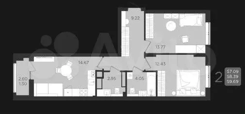 2-к. квартира, 58,3 м, 6/9 эт. - Фото 1