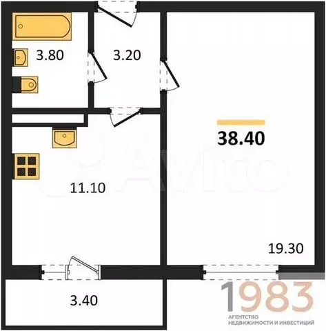 1-к. квартира, 38,4 м, 6/7 эт. - Фото 0