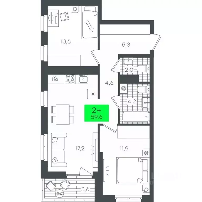 2-к кв. Тюменская область, Тюмень ул. Василия Малкова, 19 (59.66 м) - Фото 0