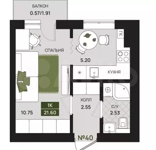 1-к. квартира, 21 м, 5/5 эт. - Фото 1