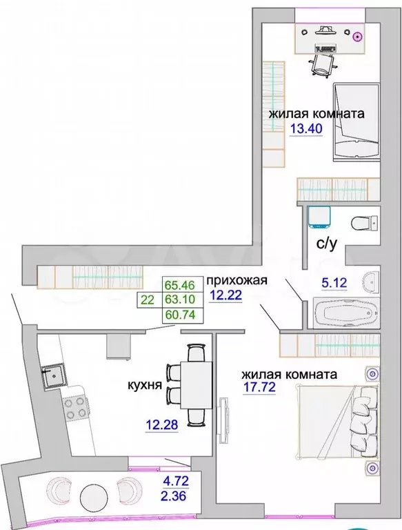 2-к. квартира, 65 м, 6/9 эт. - Фото 0