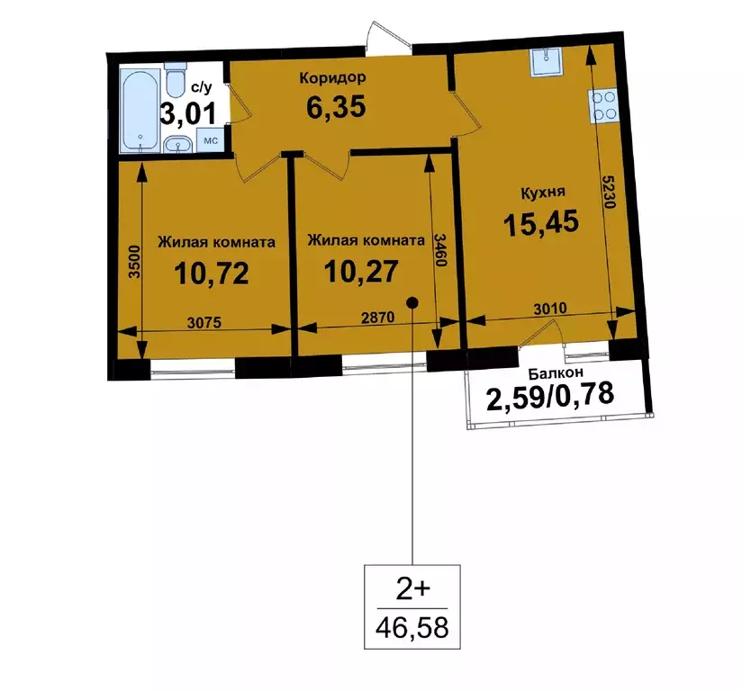 2-к квартира, 46.58 м - Фото 0
