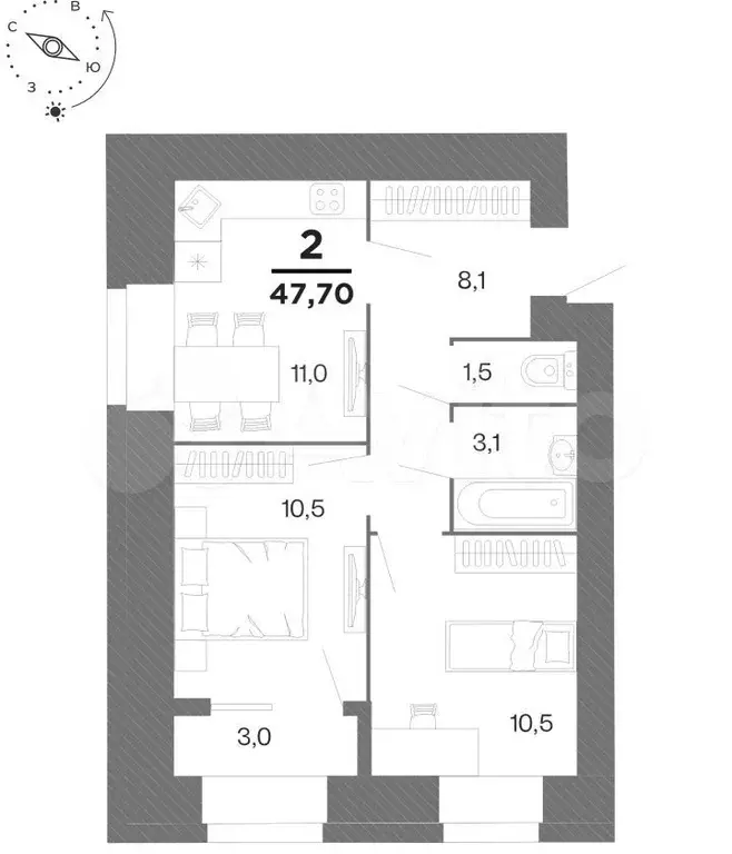2-к. квартира, 47,7 м, 12/15 эт. - Фото 0