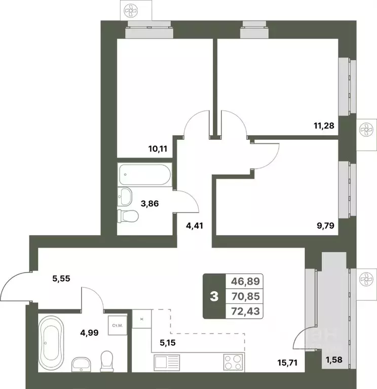 3-к кв. Башкортостан, Уфимский район, с. Миловка  (72.43 м) - Фото 1