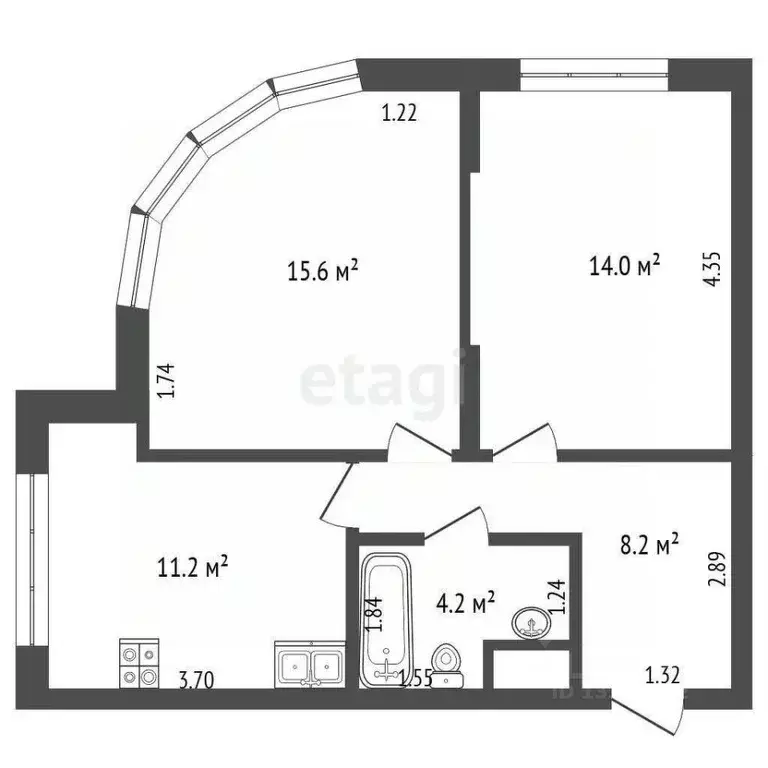 2-к кв. Кемеровская область, Кемерово Октябрьский просп., 32Ак1 (55.5 ... - Фото 2