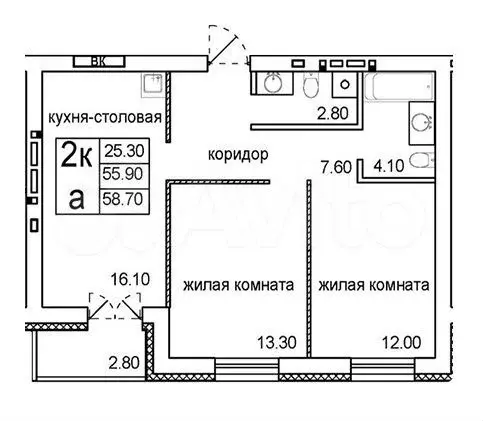 2-к. квартира, 58,7 м, 4/8 эт. - Фото 0