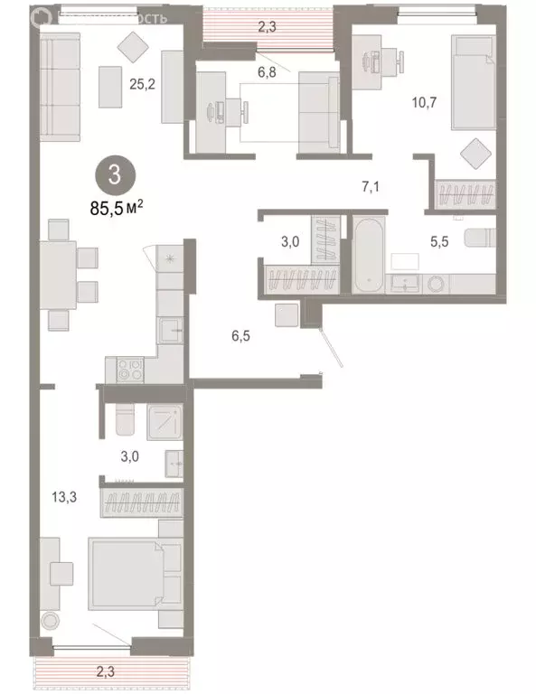 3-комнатная квартира: Тюмень, микрорайон ДОК, ЖК Октябрьский на Туре ... - Фото 2