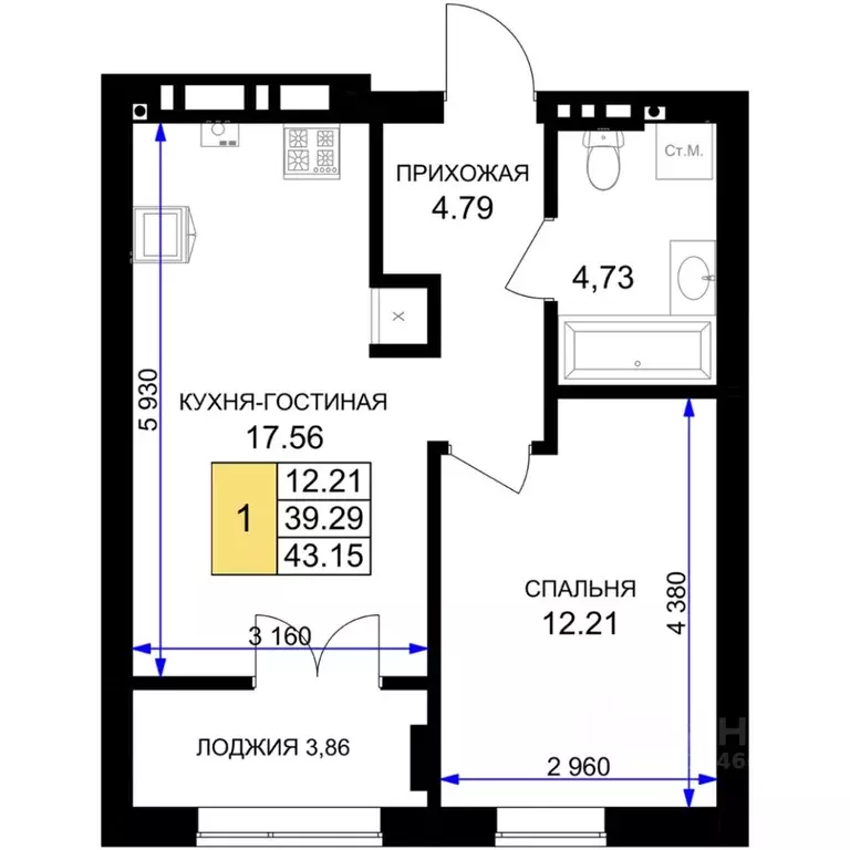 1-к кв. Калининградская область, Гурьевск Включи жилой комплекс (43.15 ... - Фото 0