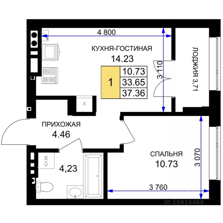 1-к кв. Калининградская область, Гурьевск Включи жилой комплекс (37.36 ... - Фото 0