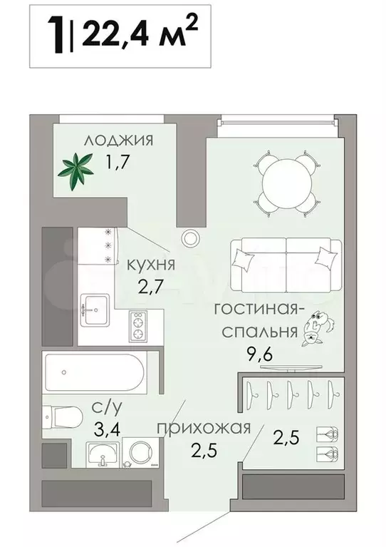 Квартира-студия, 22,4м, 11/12эт. - Фото 0