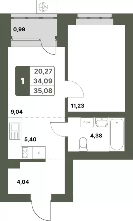 1-к кв. Башкортостан, Уфимский район, с. Миловка  (35.08 м) - Фото 1