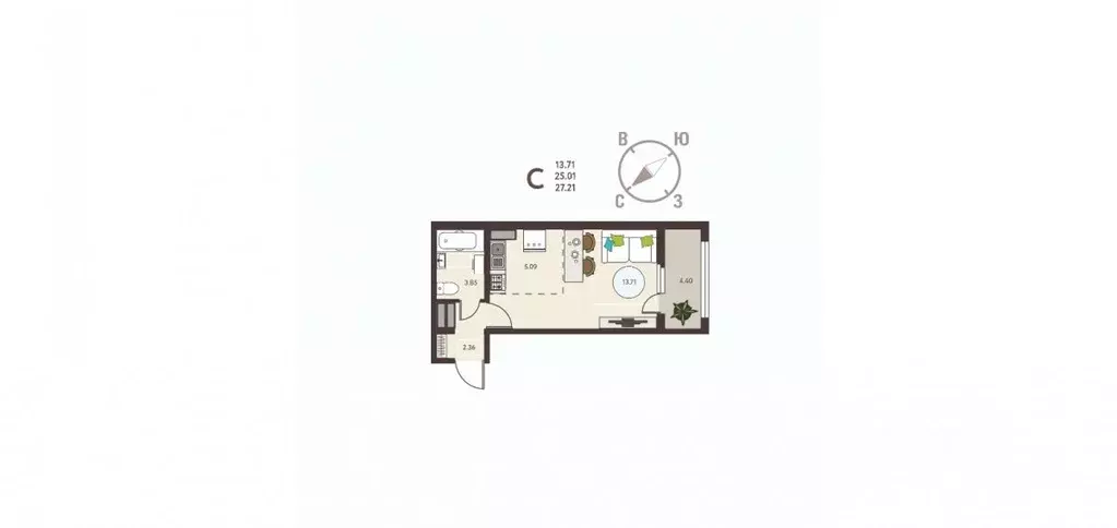 Студия Курская область, Курск ул. Энгельса, 115 (27.21 м) - Фото 2