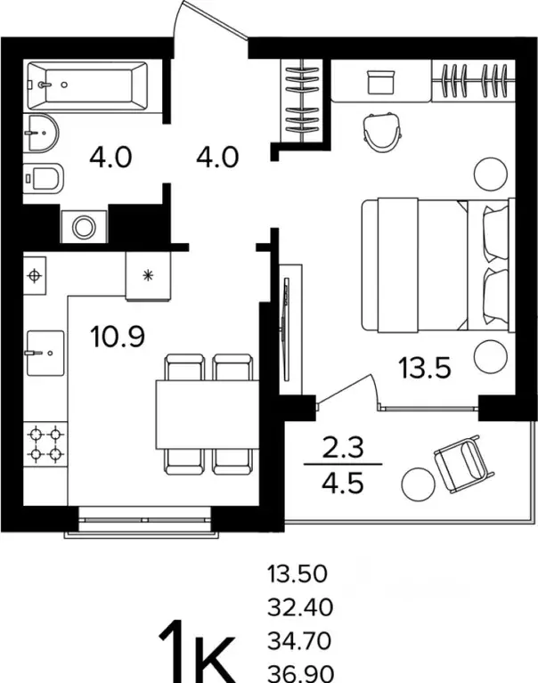 1-к кв. Калининградская область, Гурьевский муниципальный округ, пос. ... - Фото 1