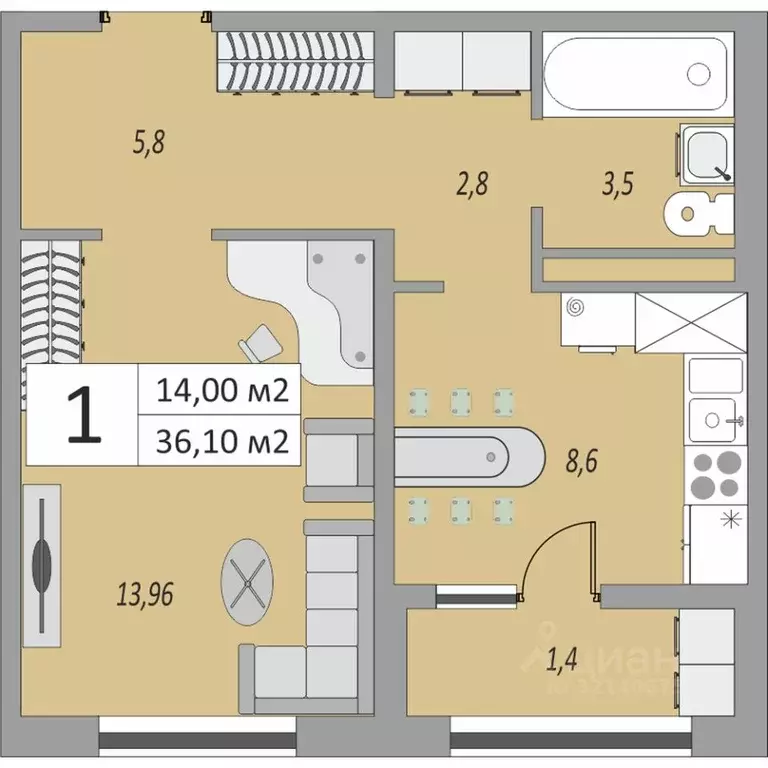 1-к кв. Оренбургская область, Оренбург ул. Юркина, 6 (36.1 м) - Фото 1