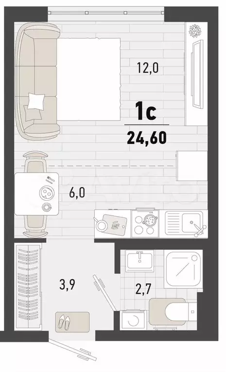 Квартира-студия, 24,6 м, 8/24 эт. - Фото 1