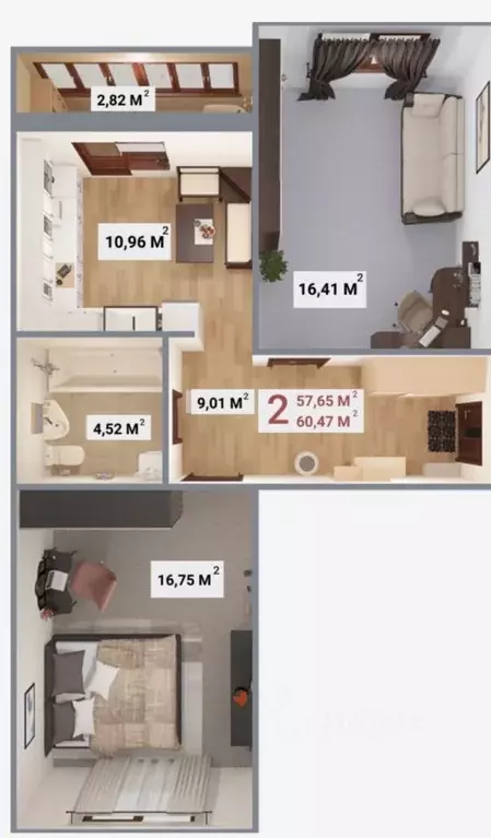 2-к кв. Тверская область, Тверь бул. Гусева, 57 (60.47 м) - Фото 2