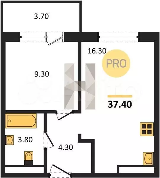 1-к. квартира, 37,4 м, 8/10 эт. - Фото 0