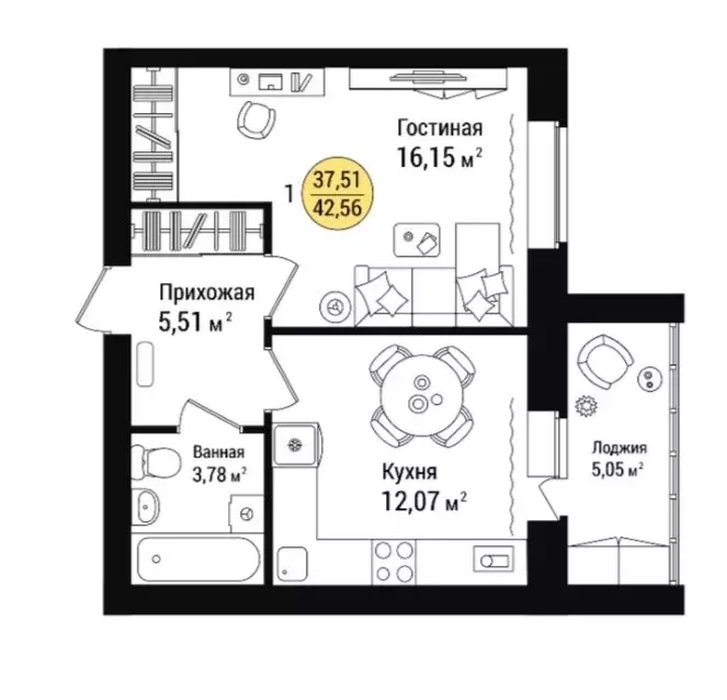 Продаётся 1-к квартира, 42.6 м - Фото 1