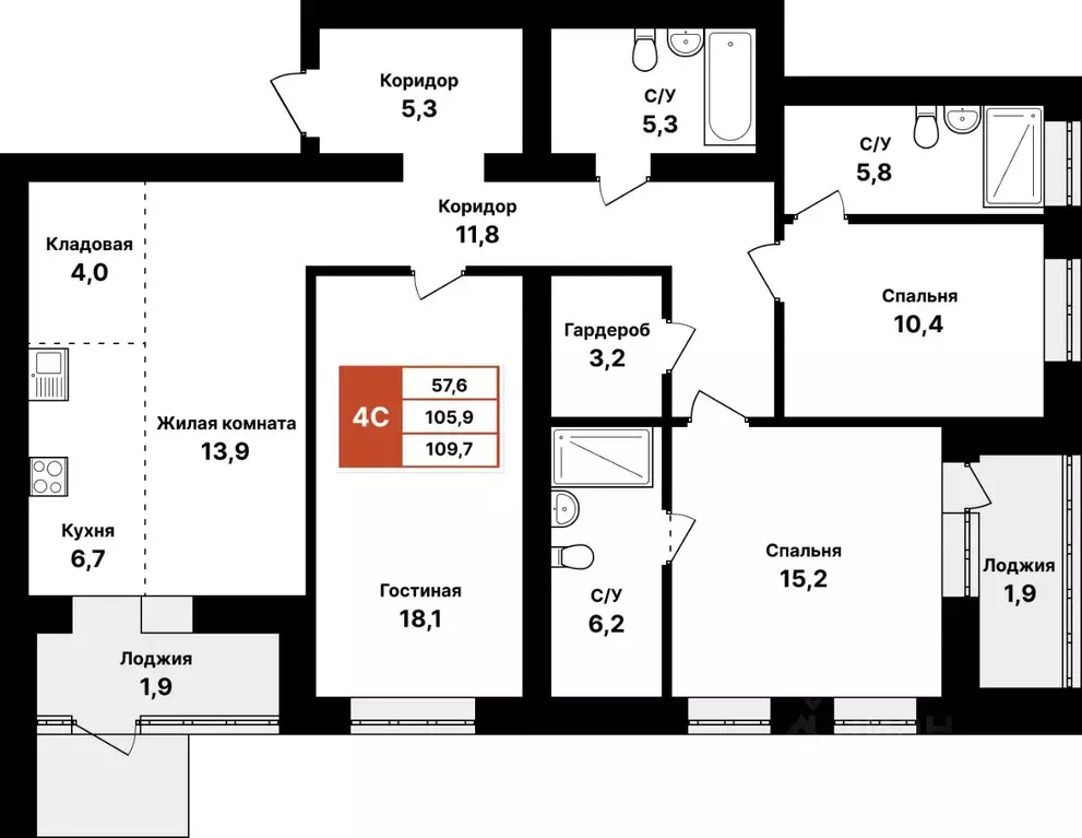4-к кв. Башкортостан, Уфа Кузнецовский Затон мкр,  (109.7 м) - Фото 1