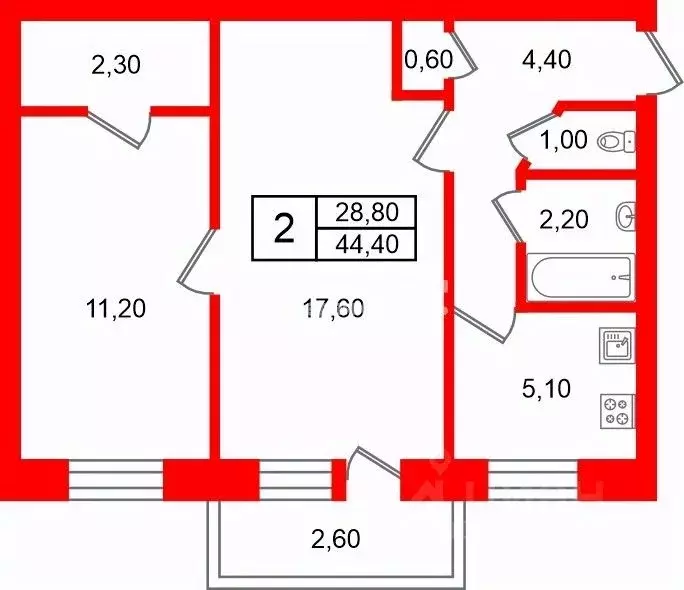 2-к кв. Санкт-Петербург Белоостровская ул., 33 (44.4 м) - Фото 2