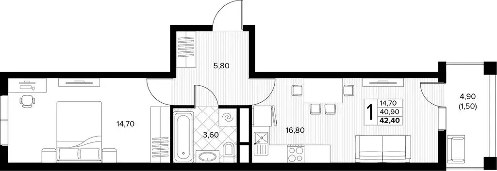 1-комнатная квартира: село Сукко, жилой комплекс Кипарис (42.4 м) - Фото 1