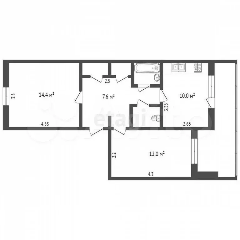 2-к. квартира, 48,4 м, 1/5 эт. - Фото 0