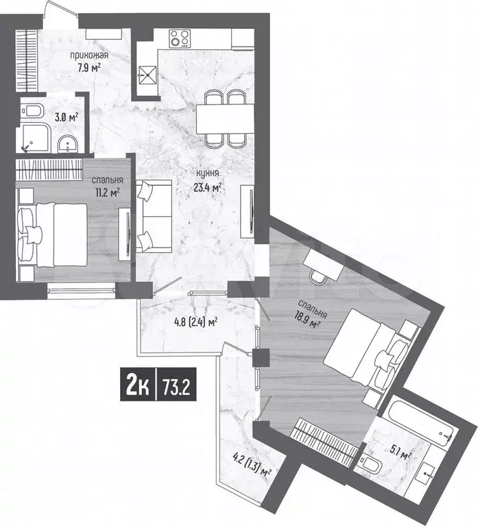 2-к. квартира, 73,2 м, 2/5 эт. - Фото 1