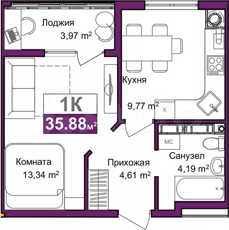 1-к. квартира, 33,9 м, 6/9 эт. - Фото 0