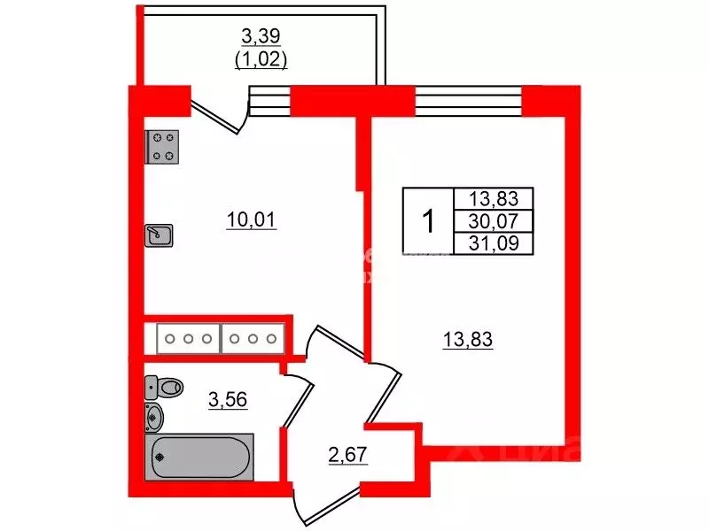 1-к кв. Санкт-Петербург ул. Вадима Шефнера, 4 (33.46 м) - Фото 1