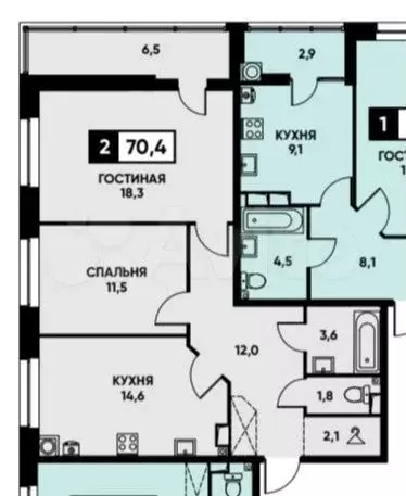 2-к. квартира, 70,4 м, 5/16 эт. - Фото 0