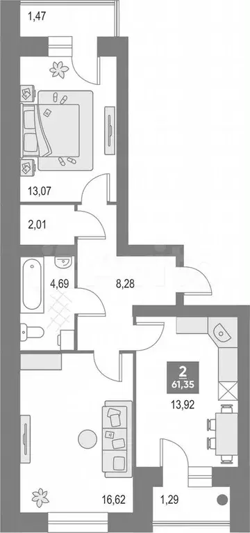 2-к. квартира, 61,4 м, 4/4 эт. - Фото 0