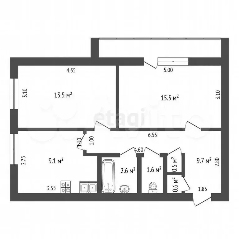 2-к. квартира, 52,9 м, 4/4 эт. - Фото 0