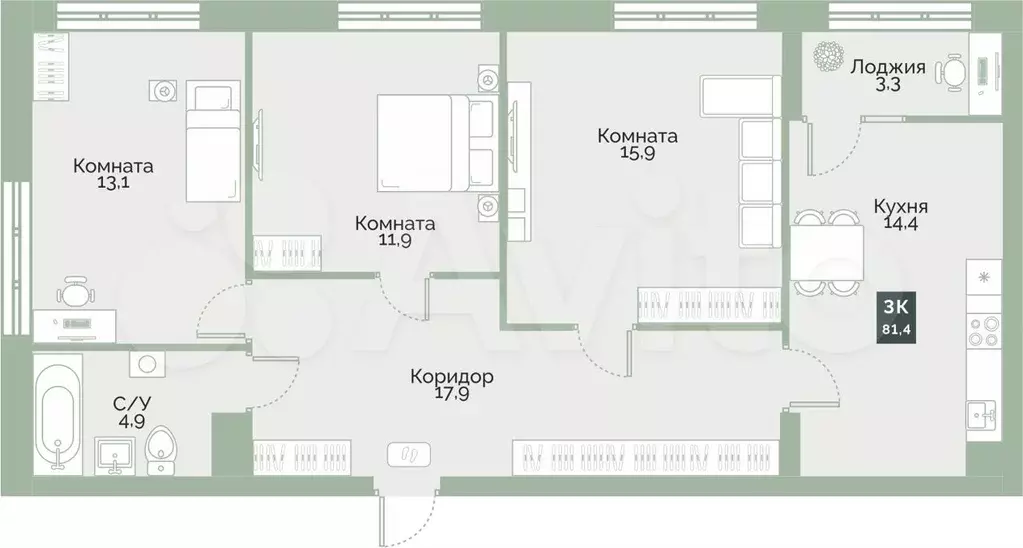 3-к. квартира, 81,4 м, 4/12 эт. - Фото 0