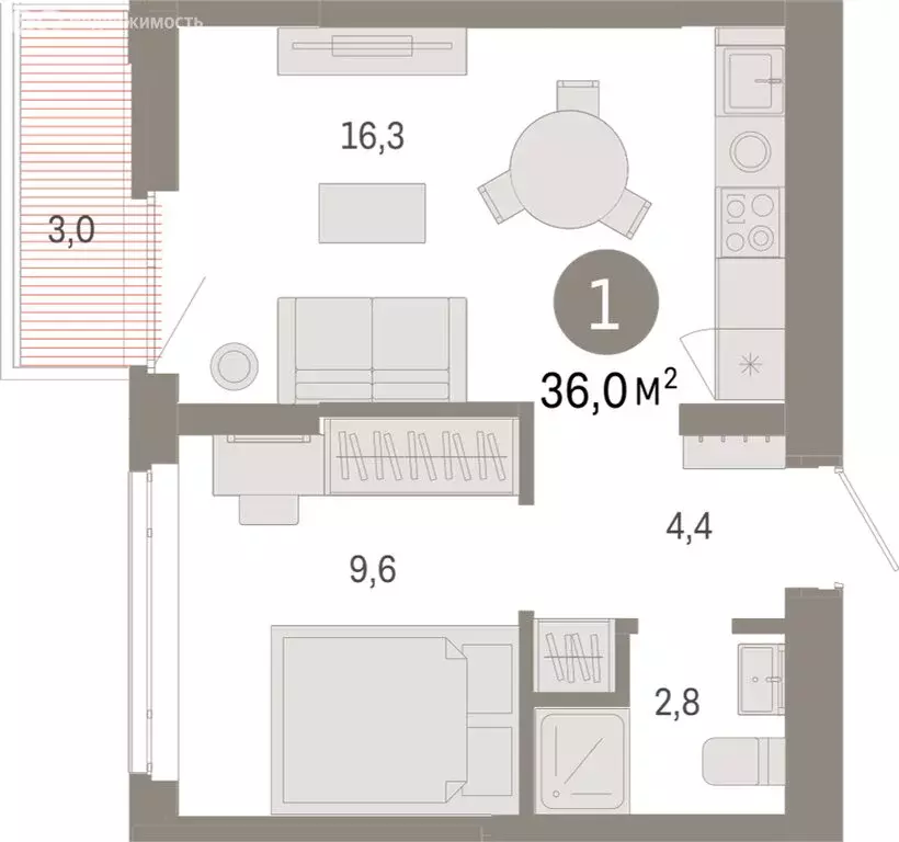 1-комнатная квартира: Тюмень, Ленинский округ (35.99 м) - Фото 1
