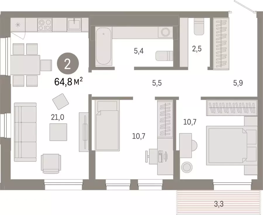 3-комнатная квартира: Тюмень, жилой комплекс Республики 205 (64.76 м) - Фото 0