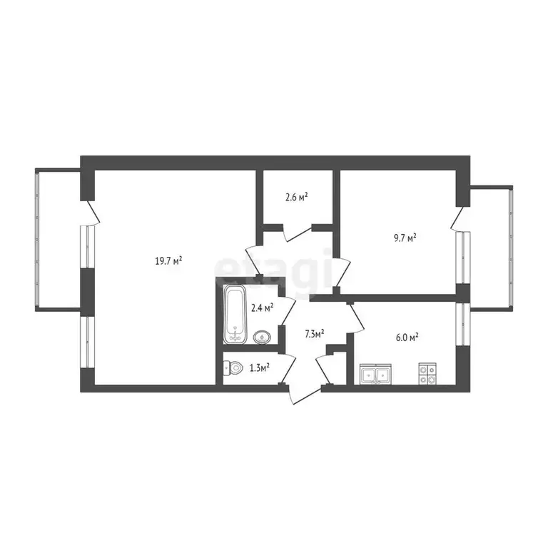 Квартира, 2 комнаты, 49.4 м - Фото 0