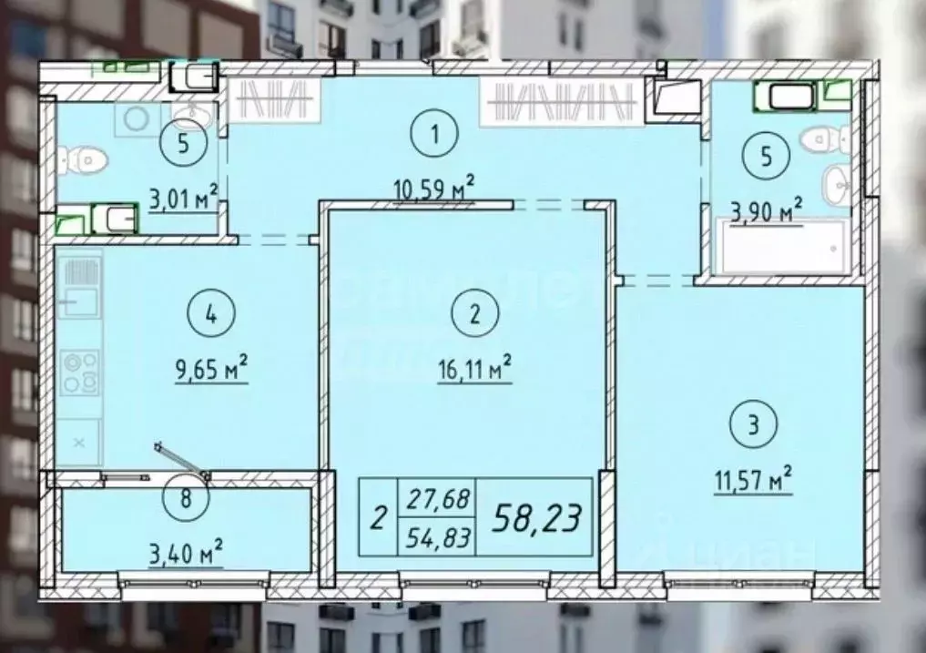 2-к кв. Оренбургская область, Оренбург ул. Юных Ленинцев, 22 (58.23 м) - Фото 1