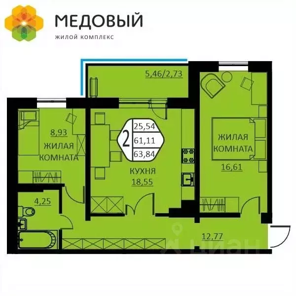 2-к кв. Пермский край, д. Кондратово ул. Г.Н. Нифантова, 12 (63.84 м) - Фото 0