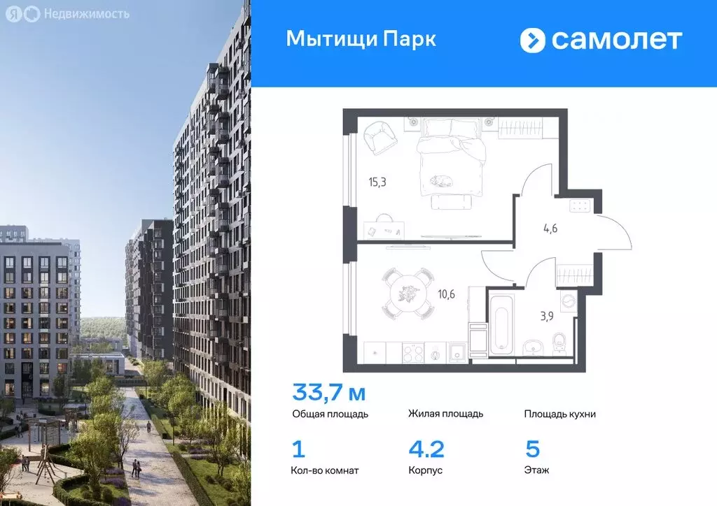 1-комнатная квартира: Мытищи, ЖК Мытищи Парк, 4.2 (33.7 м) - Фото 0