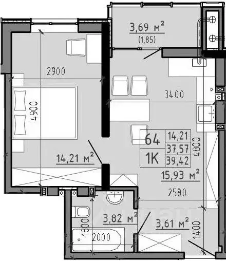 1-к кв. Ростовская область, Батайск Комсомольская ул., 131Ак1 (40.0 м) - Фото 2