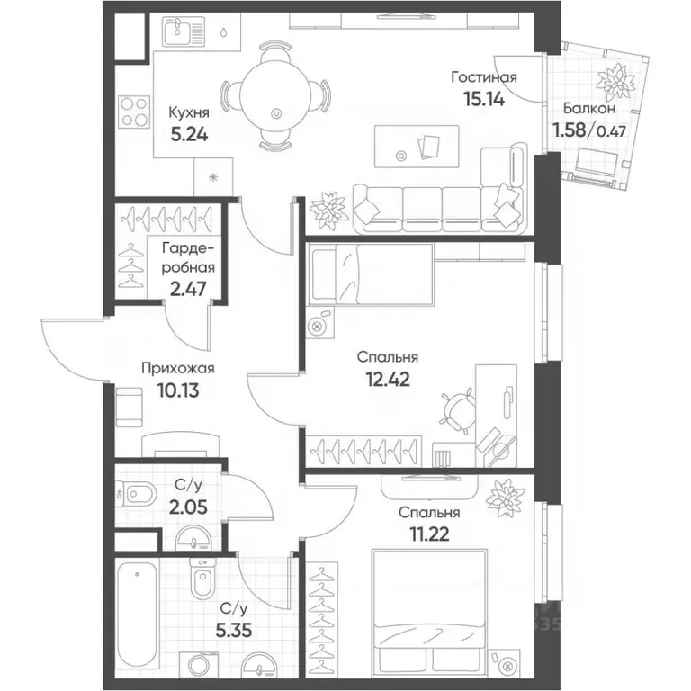 3-к кв. Татарстан, Казань Счастье в Казани жилой комплекс (64.49 м) - Фото 1