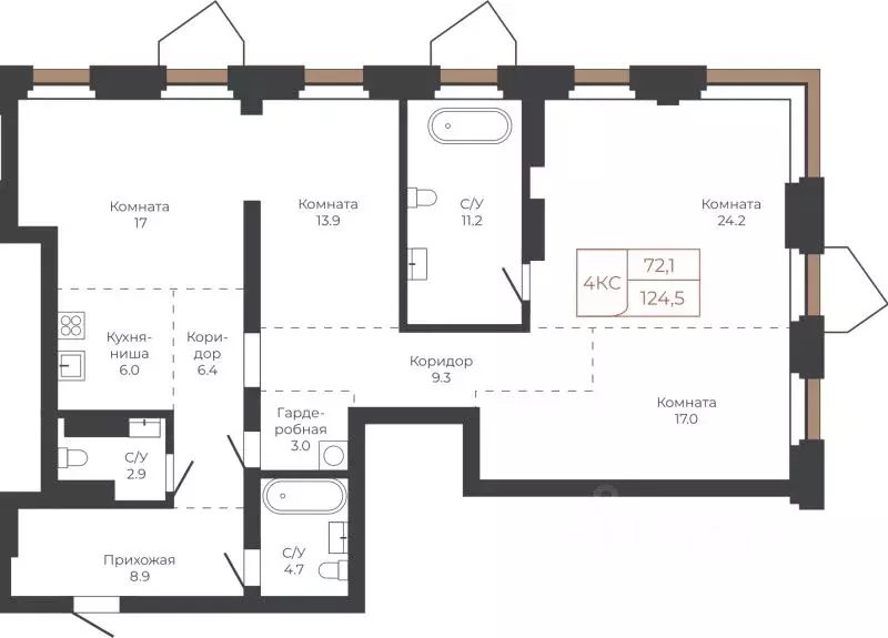 4-к кв. Алтайский край, Барнаул пл. Баварина, 8к1 (123.9 м) - Фото 1