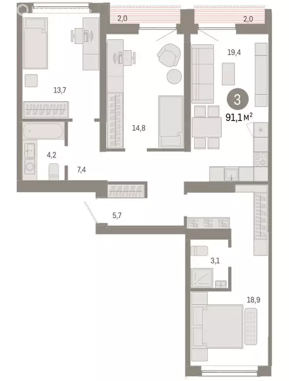 3-комнатная квартира: Новосибирск, Большевистская улица, с49 (91.06 м) - Фото 1