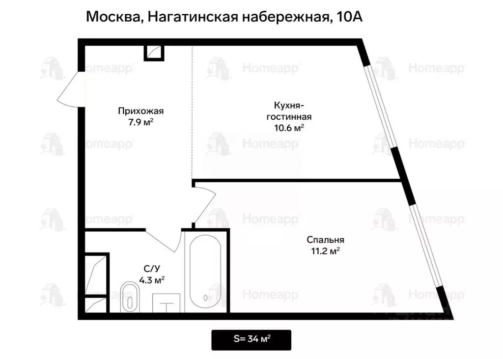 1-к кв. Москва Нагатинская наб., 10А (33.8 м) - Фото 2