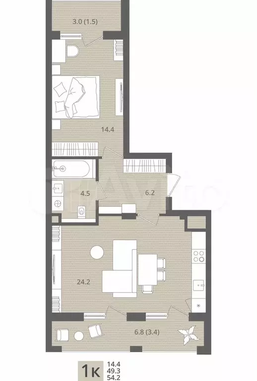 1-к. квартира, 54,2 м, 1/7 эт. - Фото 1