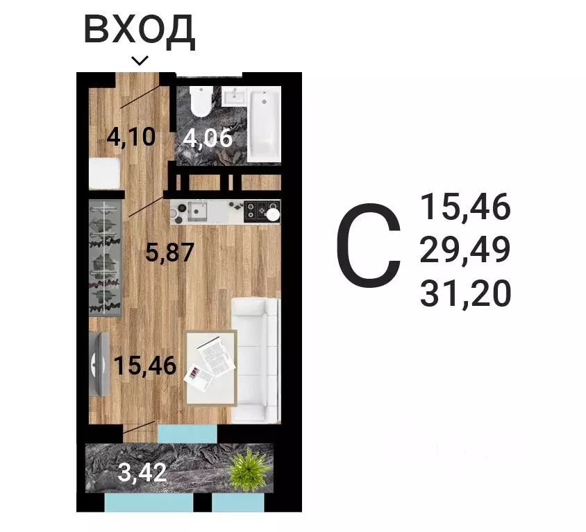 Студия Воронежская область, Воронеж ул. Летчика Демьянова, 1 (33.49 м) - Фото 1
