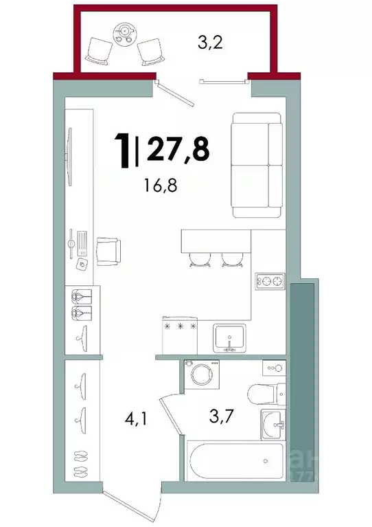 Студия Тверская область, Тверь Южный жилой комплекс (27.8 м) - Фото 1