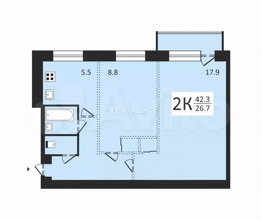 2-к. квартира, 42,3 м, 5/5 эт. - Фото 1