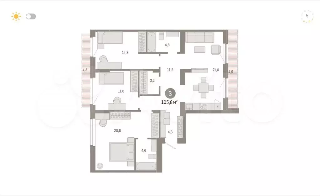 3-к. квартира, 105,6 м, 9/9 эт. - Фото 1
